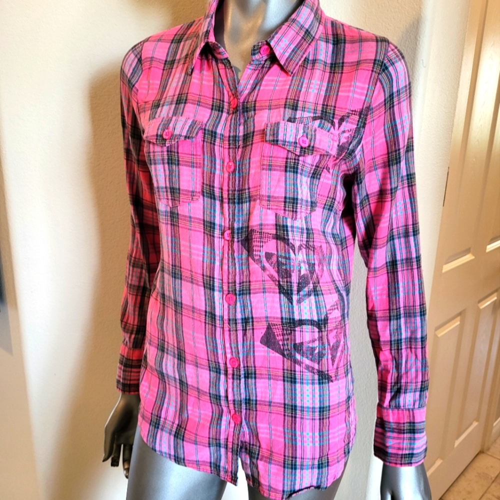 14B. Roxy Plaid Pink & Blue Button Up Shirt - Size Large